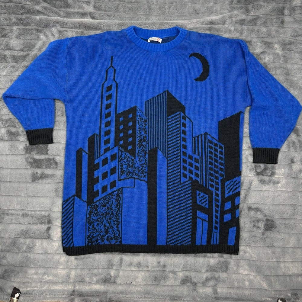 Vintage Pandora Cityscape Sweater Royal Blue Black City Skyline Made in USA S